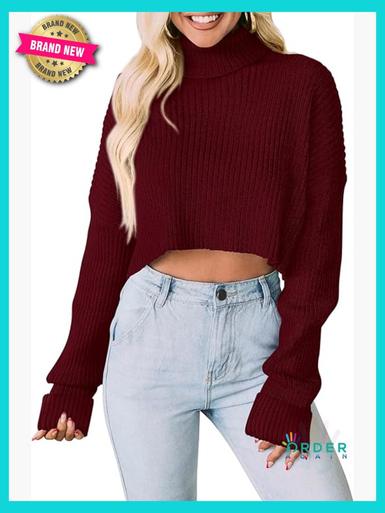 Turtleneck Cropped Sweater Ribbed Knit Pullover Drop Shoulder Tops